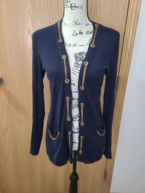 Cache Nautical Preppy Chain Grommet Navy Gold Open Front Pocket Cardigan Sweater